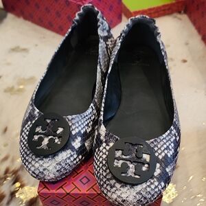 Tory Burch Snakeskin Pattern Flats - Black and Gray